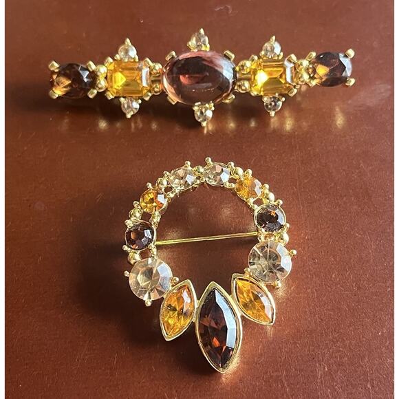 Lia Wreath Bar Brooch Pin G old Tone Lot Red Yellow Rhinestone Matching Gift Set - Picture 13 of 13